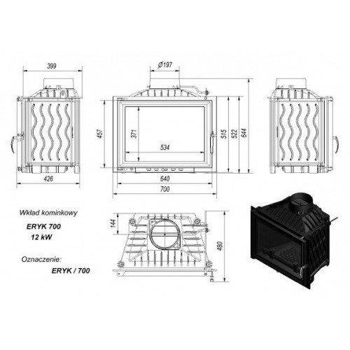 Чугунная каминная топка с прямым стеклом Kratki Eryk 700 12 Kw - фото 4 - id-p178972653