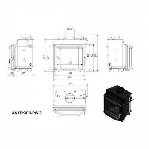 Чугунная каминная топка с водяной рубашкой Kratki Antek/PR/PW/8/W призма 8 Kw - фото 2 - id-p178972669