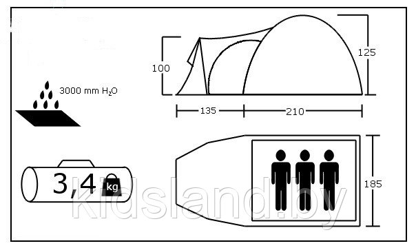 Палатка ACAMPER MONSUN PRO (3-местная 3000 мм/ст) green 135 + 210 х 185 х 125/100 см - фото 4 - id-p180840296