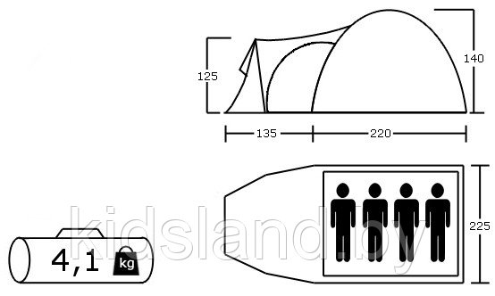 Палатка ACAMPER MONSUN PRO (4-местная 3000 мм/ст) grey 135 + 220 х 225 х 140/125 см - фото 3 - id-p180843568