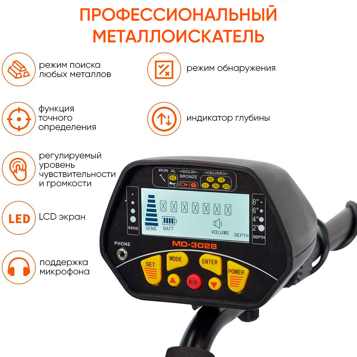 Набор Металлоискатель MD 3028 + лопатка и наушники - фото 7 - id-p180956048