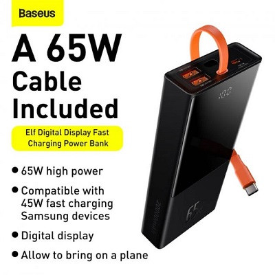 Портативный аккумулятор BASEUS Elf Digital Display Fast Charging 20000mAh 2USB/1Type-C+Type-C Cable, 5A/65W - фото 9 - id-p181090823