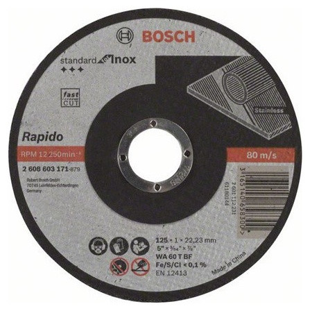Отрезной круг, прямой, Standard for Inox - Rapido Bosch WA 60 T BF, 125 mm, 22,23 mm, 1,0 mm (2608603171) - фото 1 - id-p181175678