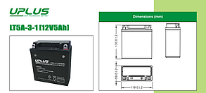 Аккумулятор для мотоцикла (мопеда) UPLUS LT5A-3-1 (12V5AH)  R+ 5Ah  119х59x130 YB5L-B  90A(EN)