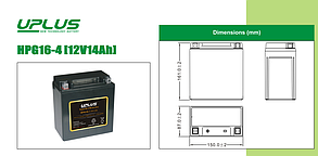 Аккумулятор для мотоцикла (мопеда) UPLUS HPG16-4 (12V14AH)  L+14Ah  150х65x93  YTX16-BS 240A (EN) nano GEL