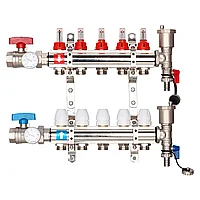 Коллектор латунный на 5 выходов Gappo G421.5 для теплого пола в сборе с кранами и расходомерами