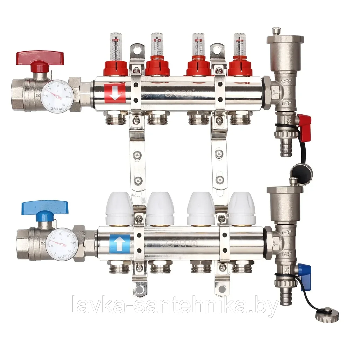 Коллектор латунный на 4 выхода Gappo G421.4 для теплого пола в сборе с кранами и расходомерами