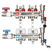 Коллектор латунный на 4 выхода Gappo G421.4 для теплого пола в сборе с кранами и расходомерами