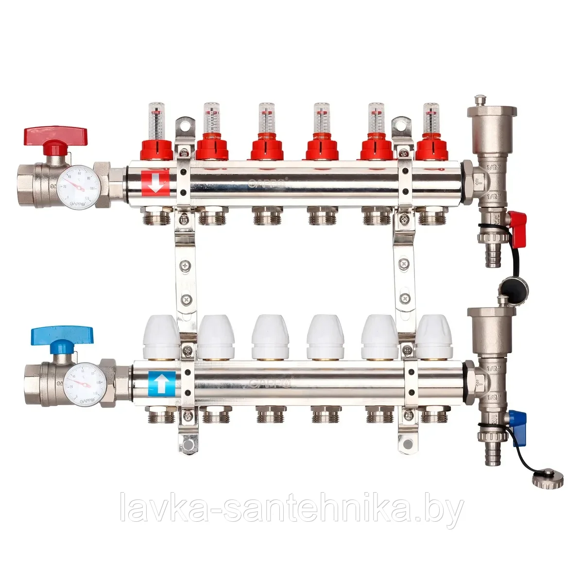 Коллектор латунный на 6 выходов Gappo G421.6 для теплого пола в сборе с кранами и расходомерами