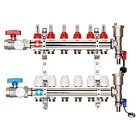 Коллектор латунный на 6 выходов Gappo G421.6 для теплого пола в сборе с кранами и расходомерами