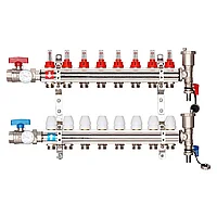 Коллектор латунный на 8 выходов Gappo G421.8 для теплого пола в сборе с кранами и расходомерами