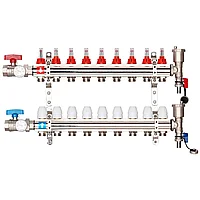 Коллектор латунный на 9 выходов Gappo G421.9 для теплого пола в сборе с кранами и расходомерами
