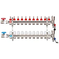Коллектор латунный на 11 выходов Gappo G421.11 для теплого пола в сборе с кранами и расходомерами