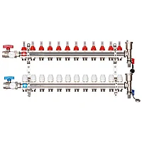 Коллектор латунный на 12 выходов Gappo G421.12 для теплого пола в сборе с кранами и расходомерами