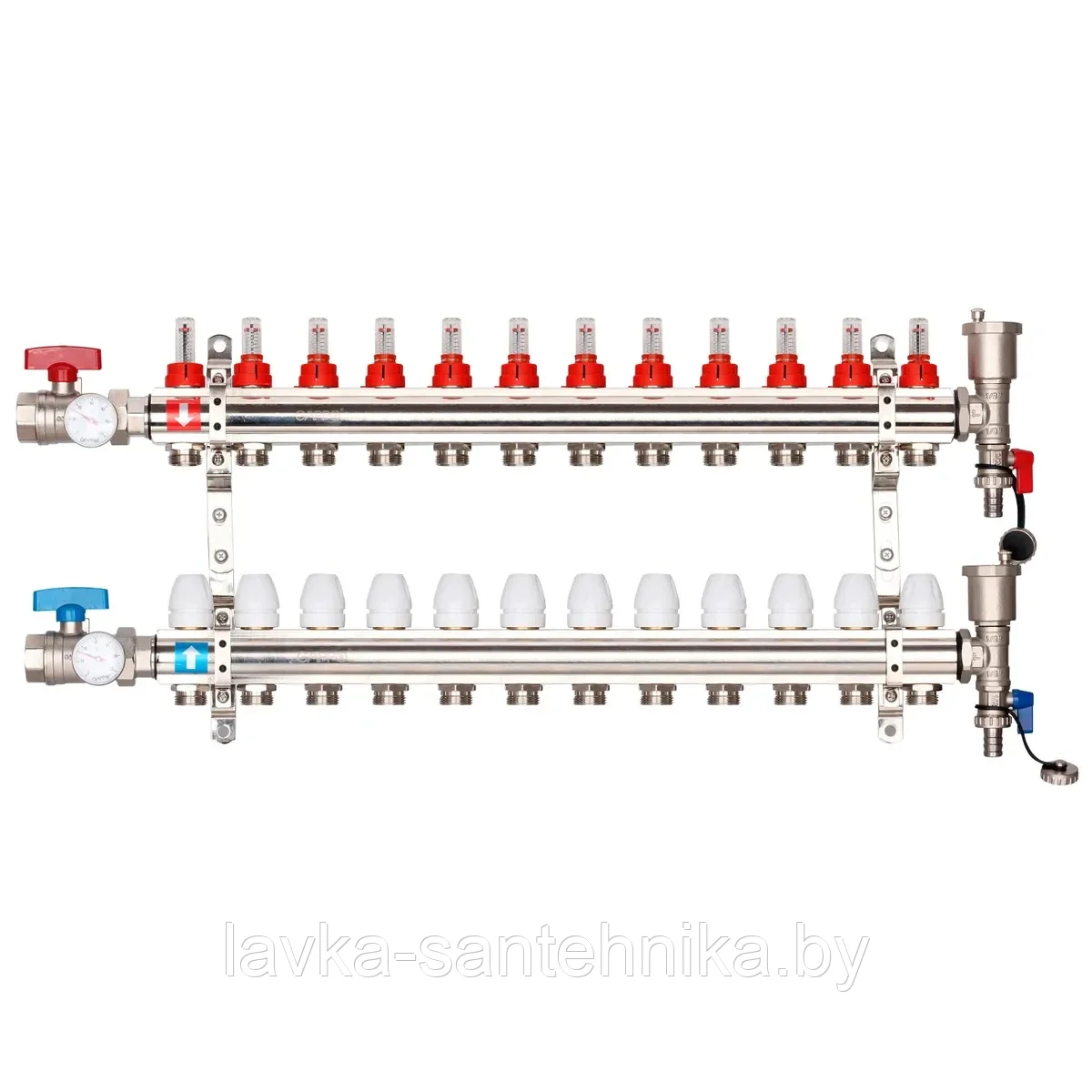 Коллектор латунный на 12 выходов Gappo G421.12 для теплого пола в сборе с кранами и расходомерами - фото 1 - id-p181218186