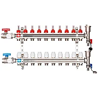 Коллектор латунный на 10 выходов Gappo G421.10 для теплого пола в сборе с кранами и расходомерами