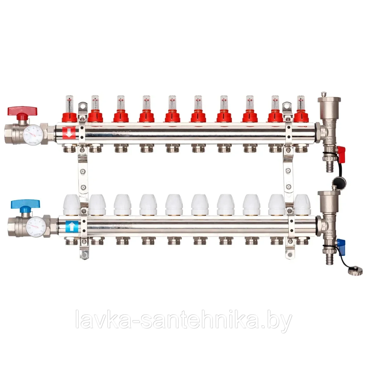 Коллектор латунный на 10 выходов Gappo G421.10 для теплого пола в сборе с кранами и расходомерами - фото 1 - id-p181218184