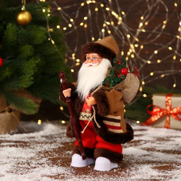 Дед Мороз "В коричневой шубке, с посохом" двигается, 11х30 см - фото 2 - id-p181225893