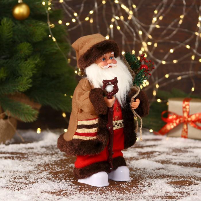 Дед Мороз "В коричневой шубке, с посохом" двигается, 11х30 см - фото 4 - id-p181225893