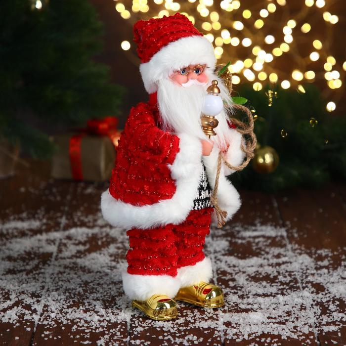 Дед Мороз "В свитере и блестящей шубке с белым мехом" двигается, лампа светится, 15х30 см - фото 2 - id-p181225898