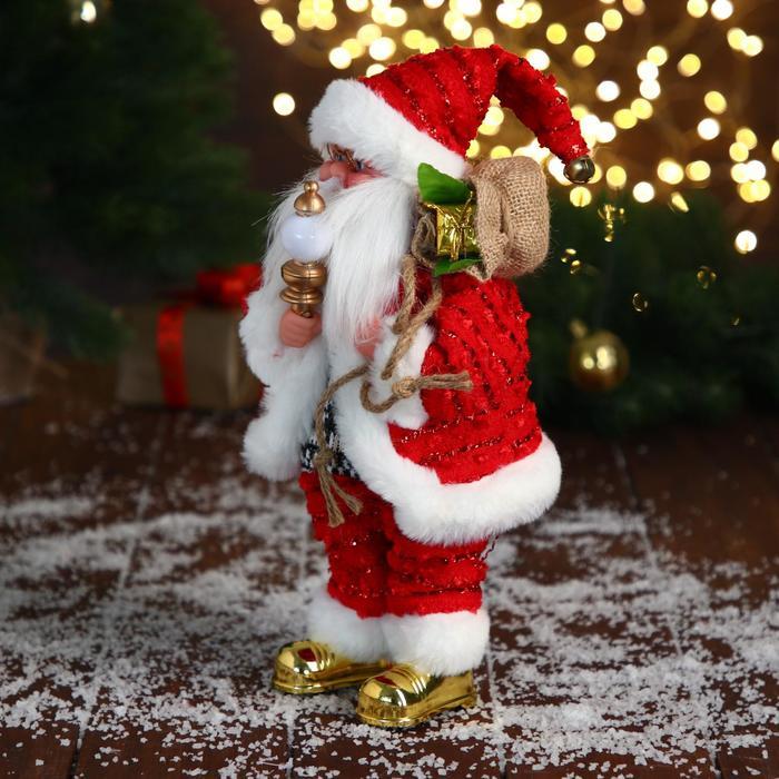 Дед Мороз "В свитере и блестящей шубке с белым мехом" двигается, лампа светится, 15х30 см - фото 3 - id-p181225898