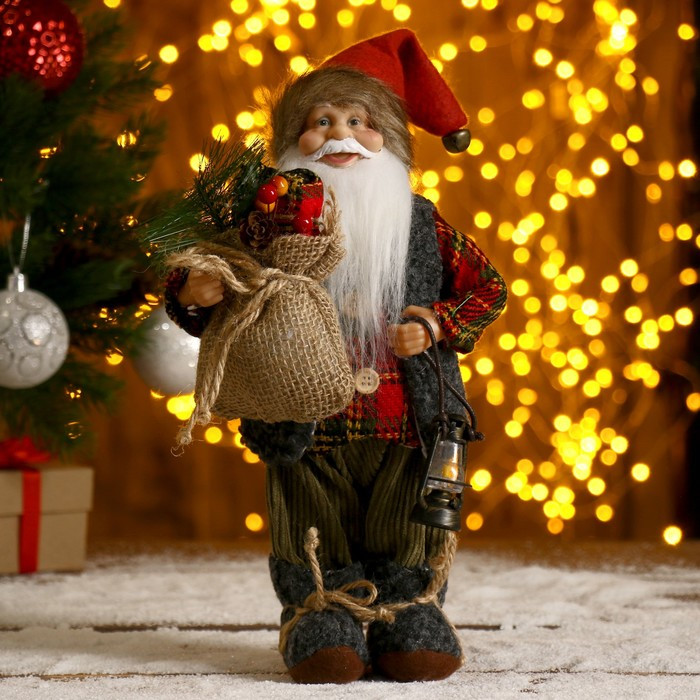 Дед Мороз "В клетчатой шубке, с фонариком и мешком" 30 см - фото 1 - id-p181225918