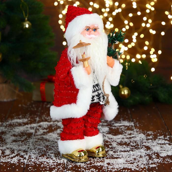 Дед Мороз "В свитере и блестящей шубке с белым мехом" двигается, фонарь светится, 15х35 см - фото 2 - id-p181225930