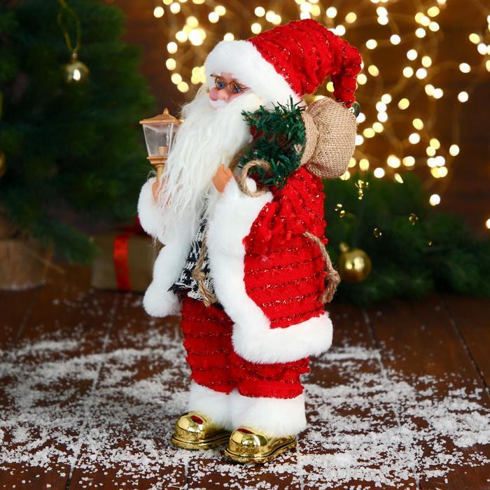 Дед Мороз "В свитере и блестящей шубке с белым мехом" двигается, фонарь светится, 15х35 см - фото 3 - id-p181225930