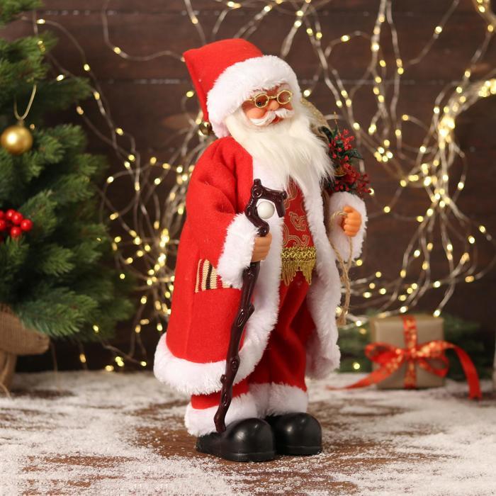Дед Мороз "В красном костюмчике с орнаментом, с посохом" двигается, 20х40 см - фото 4 - id-p181225948