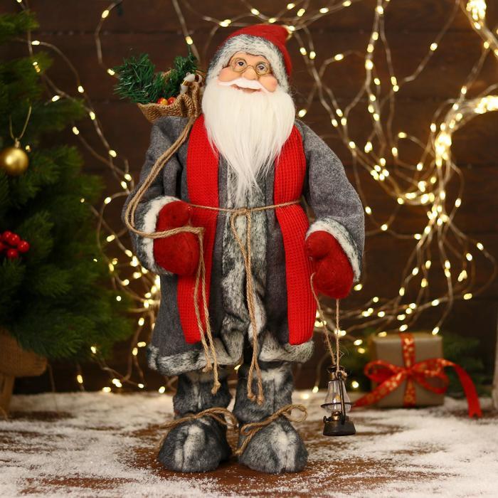 Дед Мороз "В красно-серой шубке и варежках" двигается, 17х45 см - фото 1 - id-p181225964