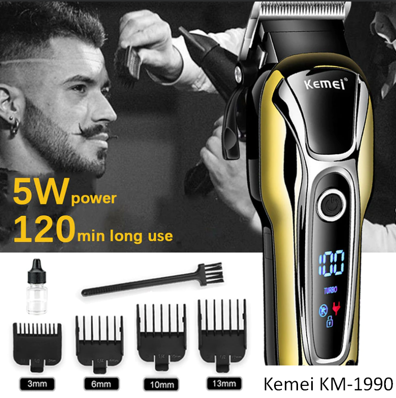 Профессиональный триммер для стрижки волос, бороды, усов Kemei KM-1990 (LED-индикатор работы и зарядки, 4 наса