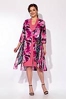 Женский летний шифоновый розовый большого размера комплект с платьем Olegran 3905 розовый+принт 56р.
