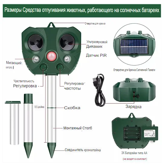 Отпугиватель крыс животных и птиц на солнечной энергии Solar Powered Ultrasonic Animal and Bird Repe - фото 5 - id-p181467312