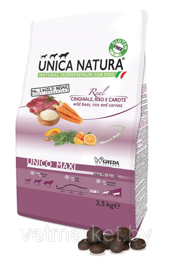 Корм Unica Natura д/соб.кр.пор., со вкусом кабан,рис,морк,1кг - фото 1 - id-p181467747