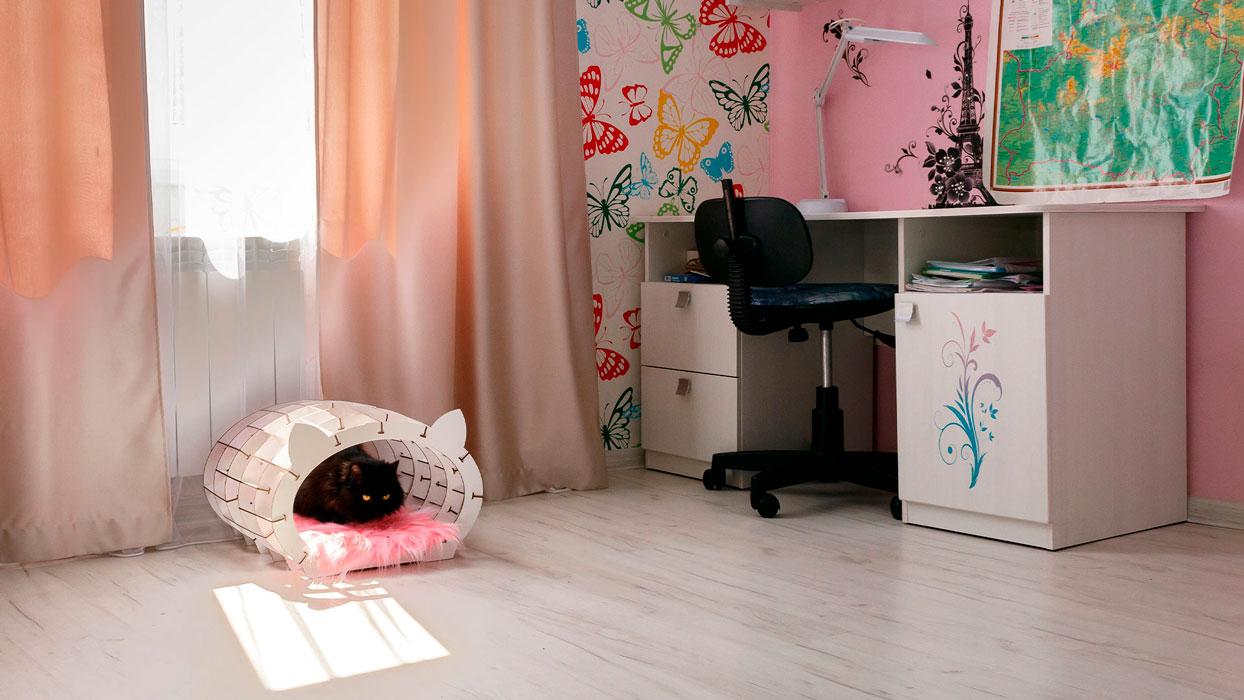Домик для кота «Кошкин дом» белый каркас (розовый мех) - фото 7 - id-p181540827