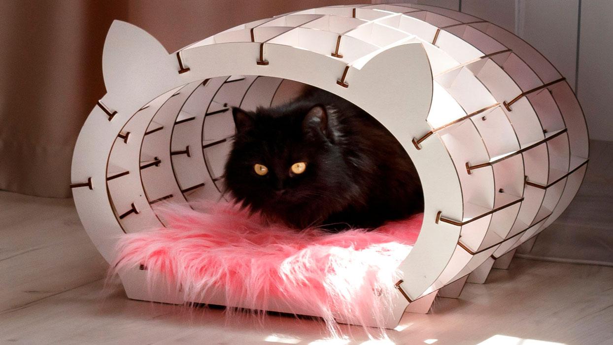 Домик для кота «Кошкин дом» белый каркас (розовый мех) - фото 8 - id-p181540827