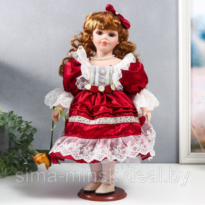 Кукла коллекционная керамика "Наташа в бордовом платье с рюшами, с бантом в волосах" 40 см - фото 1 - id-p181561278