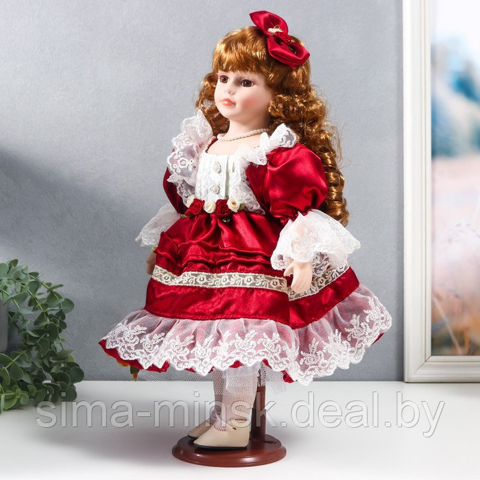 Кукла коллекционная керамика "Наташа в бордовом платье с рюшами, с бантом в волосах" 40 см - фото 2 - id-p181561278