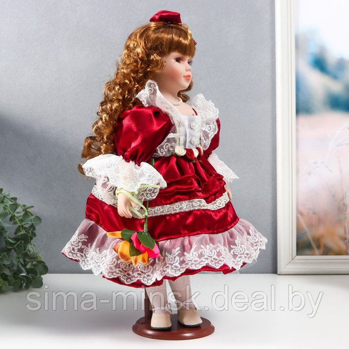 Кукла коллекционная керамика "Наташа в бордовом платье с рюшами, с бантом в волосах" 40 см - фото 3 - id-p181561278