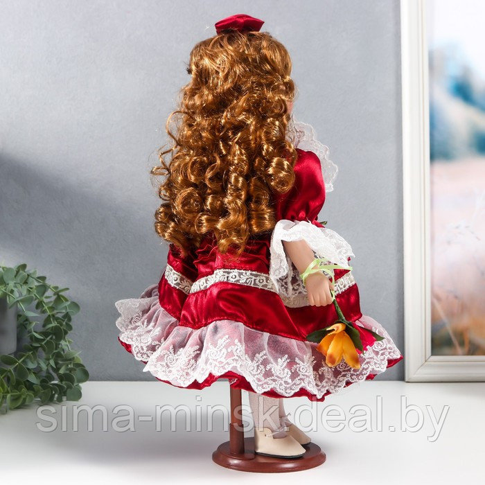 Кукла коллекционная керамика "Наташа в бордовом платье с рюшами, с бантом в волосах" 40 см - фото 4 - id-p181561278