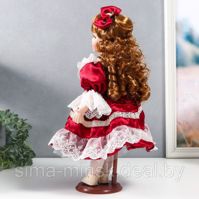 Кукла коллекционная керамика "Наташа в бордовом платье с рюшами, с бантом в волосах" 40 см - фото 5 - id-p181561278
