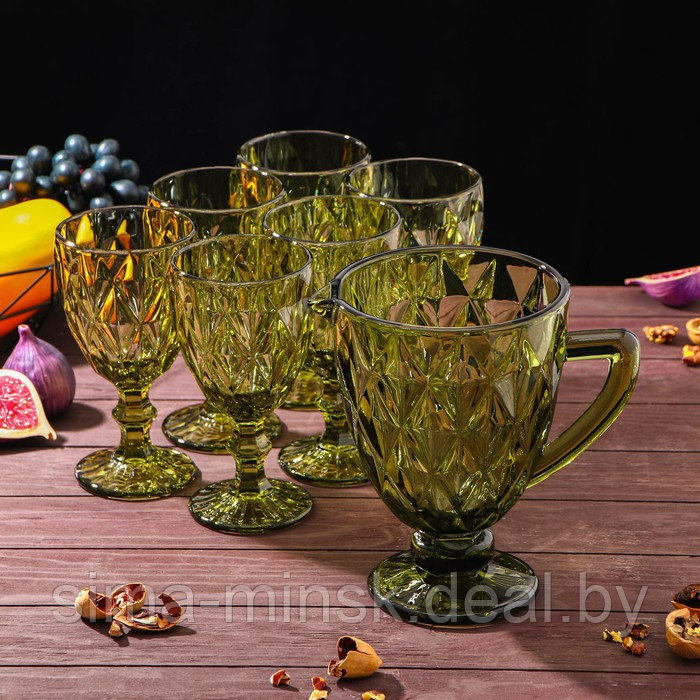 Набор питьевой из стекла «Круиз», 7 предметов: кувшин 1,1 л, бокалы 300 мл, 6 шт, цвет зелёный - фото 1 - id-p181562210