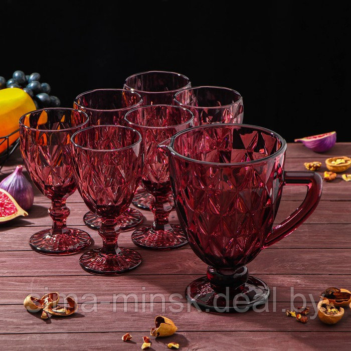 Набор питьевой из стекла «Круиз», 7 предметов: кувшин 1,1 л, бокалы 300 мл, 6 шт, цвет розовый - фото 1 - id-p181562211