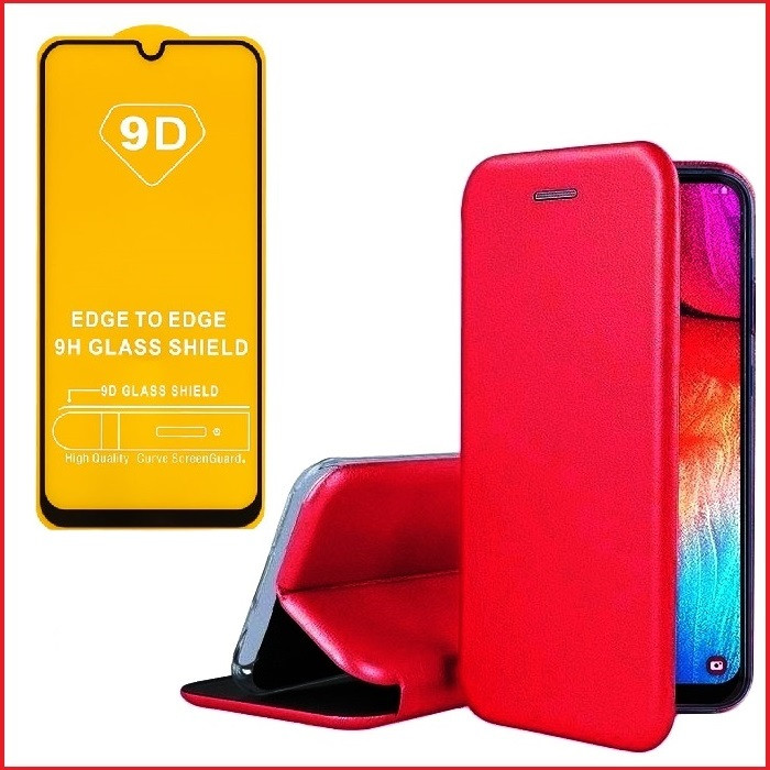 Чехол-книга + защитное стекло 9d для Samsung Galaxy A02 / M02 (краный) SM-A022 - фото 1 - id-p181578327