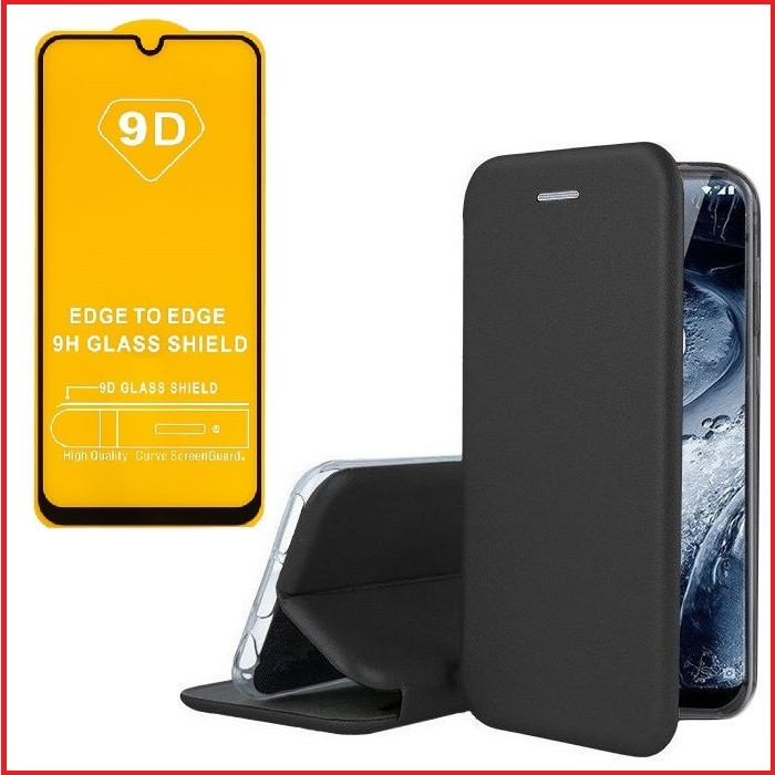 Чехол-книга + защитное стекло 9d для Samsung Galaxy A12 / A12s / M12 (черный)