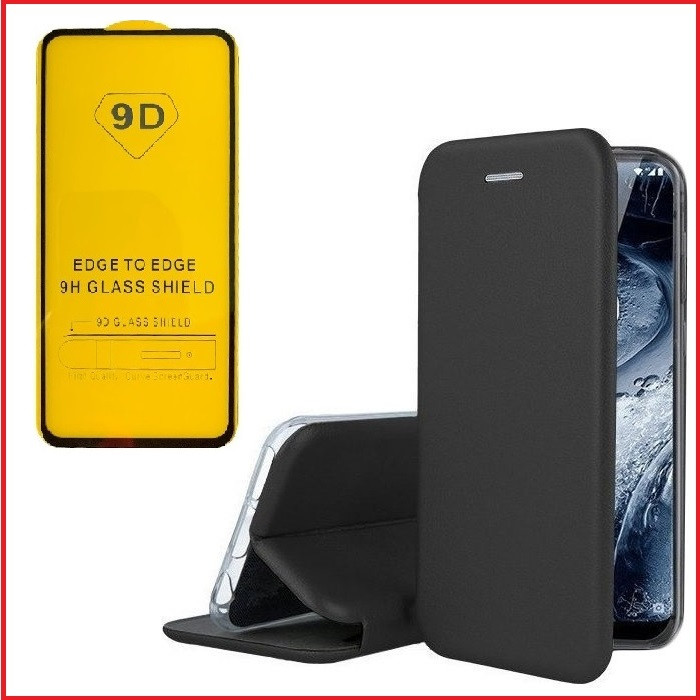 Чехол-книга + защитное стекло 9d для Huawei P20 Lite (черный)