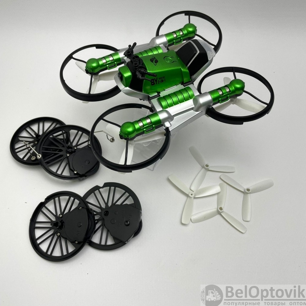 Квадрокоптер-трансформер дрон-мотоцикл на радиоуправлении 2 в 1 Qun Yi Toys, длина 17см, свет, летает/ездит - фото 8 - id-p181586682