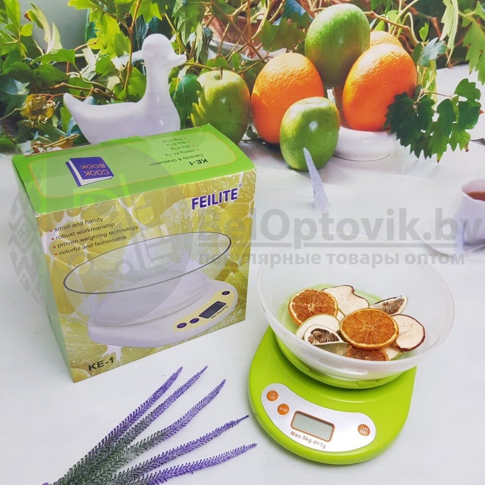 Весы кухонные электронные с чашей Feilite KE-1, нагрузка до 5 кг Зеленый корпус - фото 2 - id-p181597379