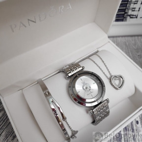 Подарочный набор Pandora (часы, подвеска-Сердце, браслет) Серебро с белым циферблатом