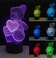 3 D Creative Desk Lamp (Настольная лампа голограмма 3Д, ночник) Мишка сердце, фото 1